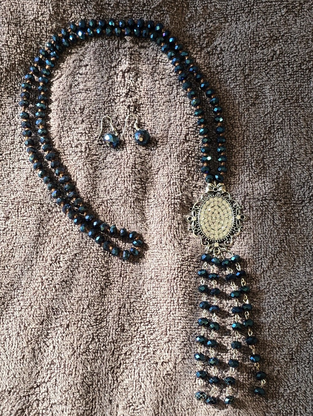 Bohemian Teal Beaded Tassel Necklace and Earring Set